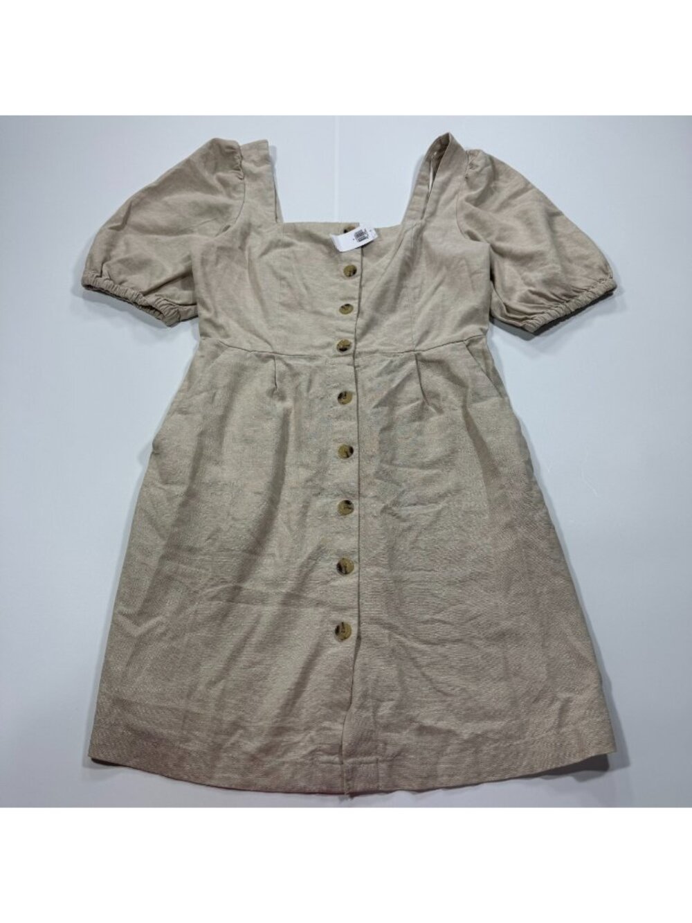 Old Navy Dress Women's S Beige Linen Mini Smocked Puff-Sleeve Button Detail